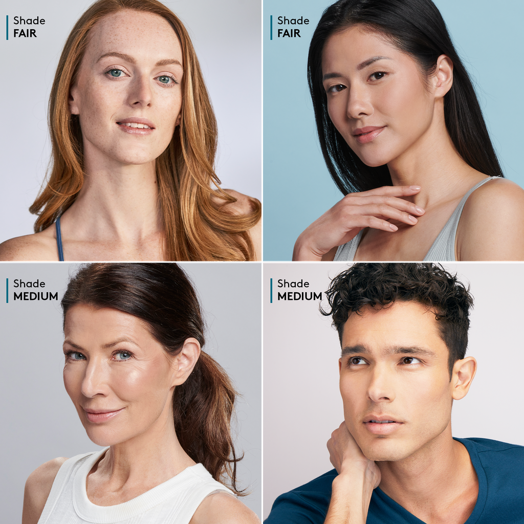 top row: two models wearing Fair, bottom row: two models wearing Medium || all