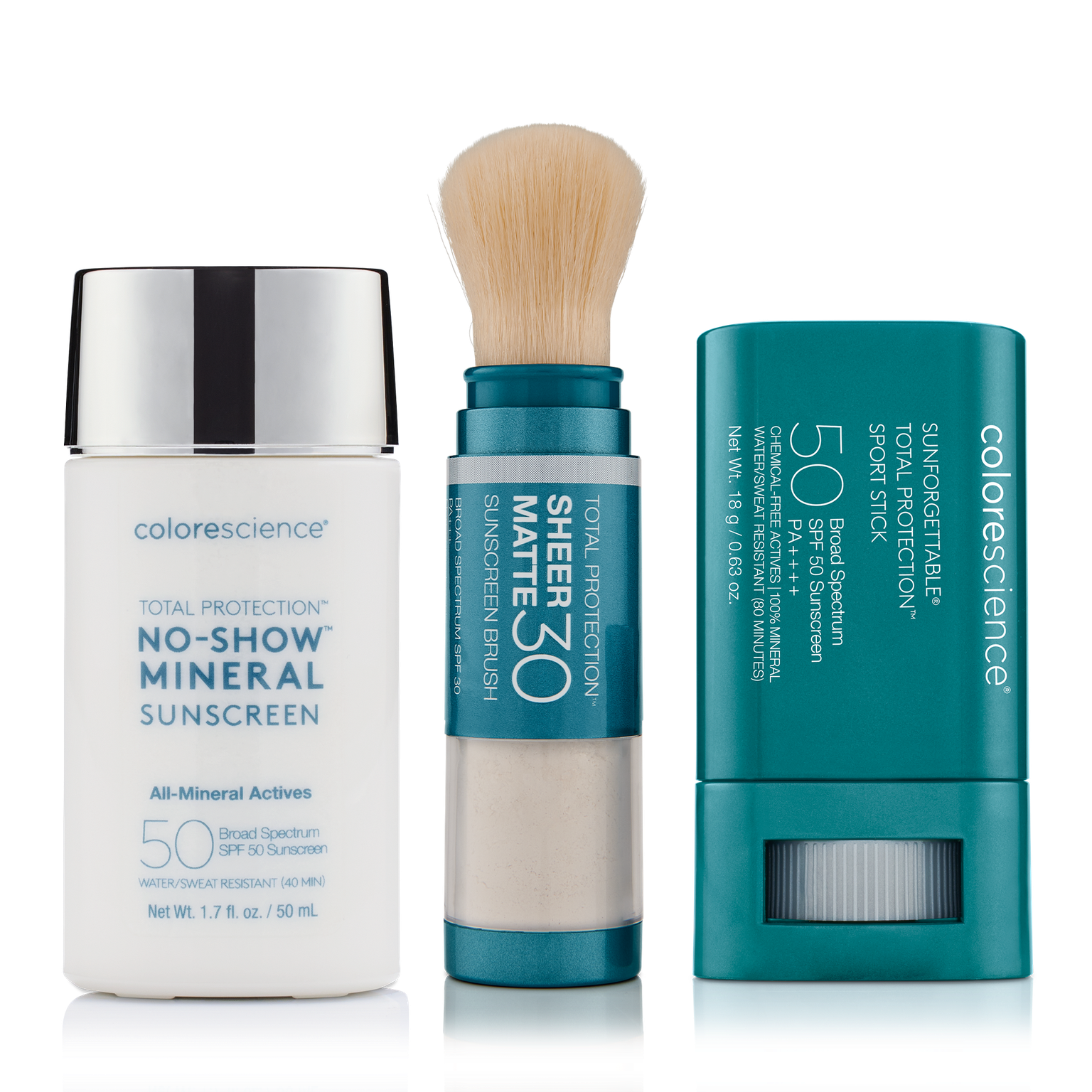 Untinted Total Protection™ Trio: Total Protection™ No-Show™ Mineral Sunscreen SPF 50, Sunforgettable® Total Protection™ Sheer Matte SPF 30 Sunscreen Brush, Sunforgettable® Total Protection™ Sport Stick SPF 50 || all