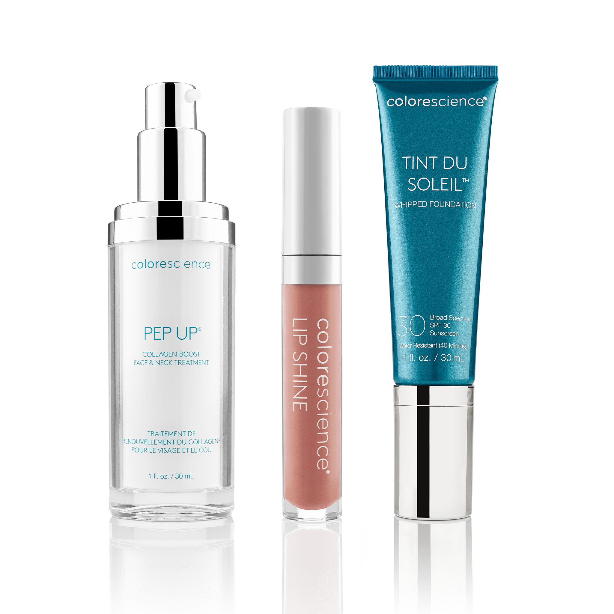 Triple Pep: Pep Up Collagen Boost Face & Neck Serum, Lip Shine SPF 35, Tint du Soleil Whipped Mineral Foundation SPF 30 || all