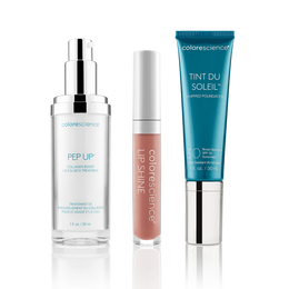 Triple Pep: Pep Up Collagen Boost Face & Neck Serum, Lip Shine SPF 35, Tint du Soleil Whipped Mineral Foundation SPF 30