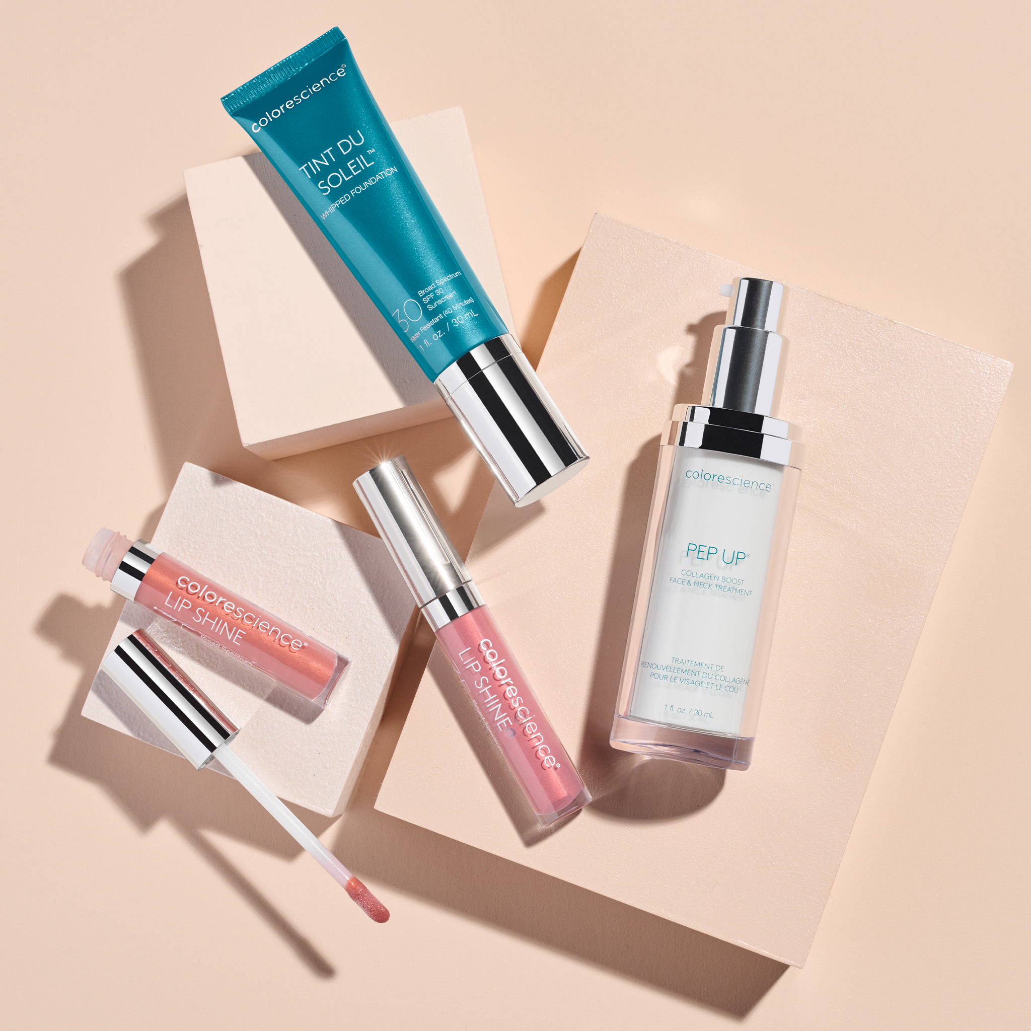 Triple Pep: Pep Up Collagen Boost Face & Neck Serum, Lip Shine SPF 35, Tint du Soleil Whipped Mineral Foundation SPF 30 || all