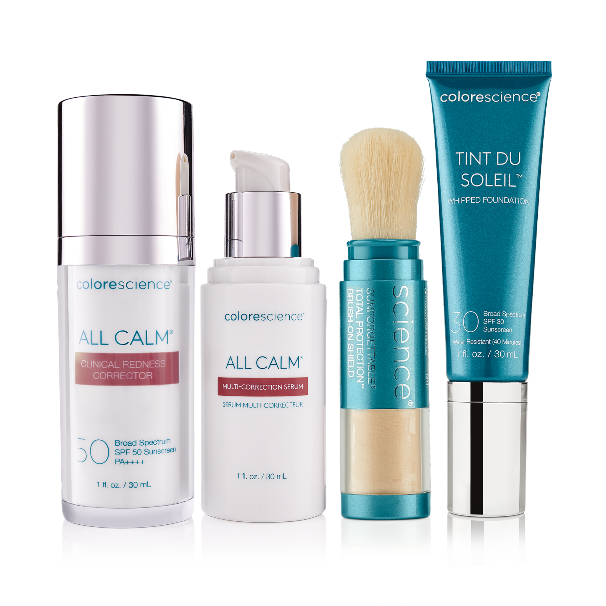 Sensitivity Relief + Protection: All Calm Clinical Redness Corrector, All Calm Multi-Correction Serum, Brush-On Shield SPF 50, Tint du Soleil Whipped Mineral Foundation SPF 30 || all